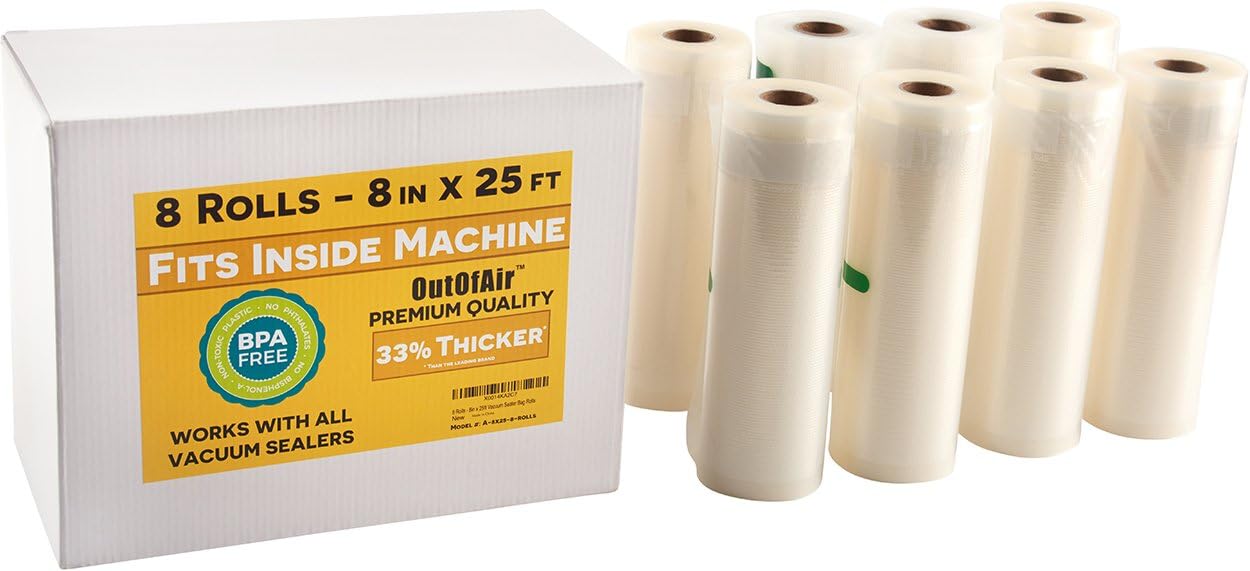 OutOfAir Vacuum Sealer Rolls - 8in x 25ft Bulk Pack for FoodSaver