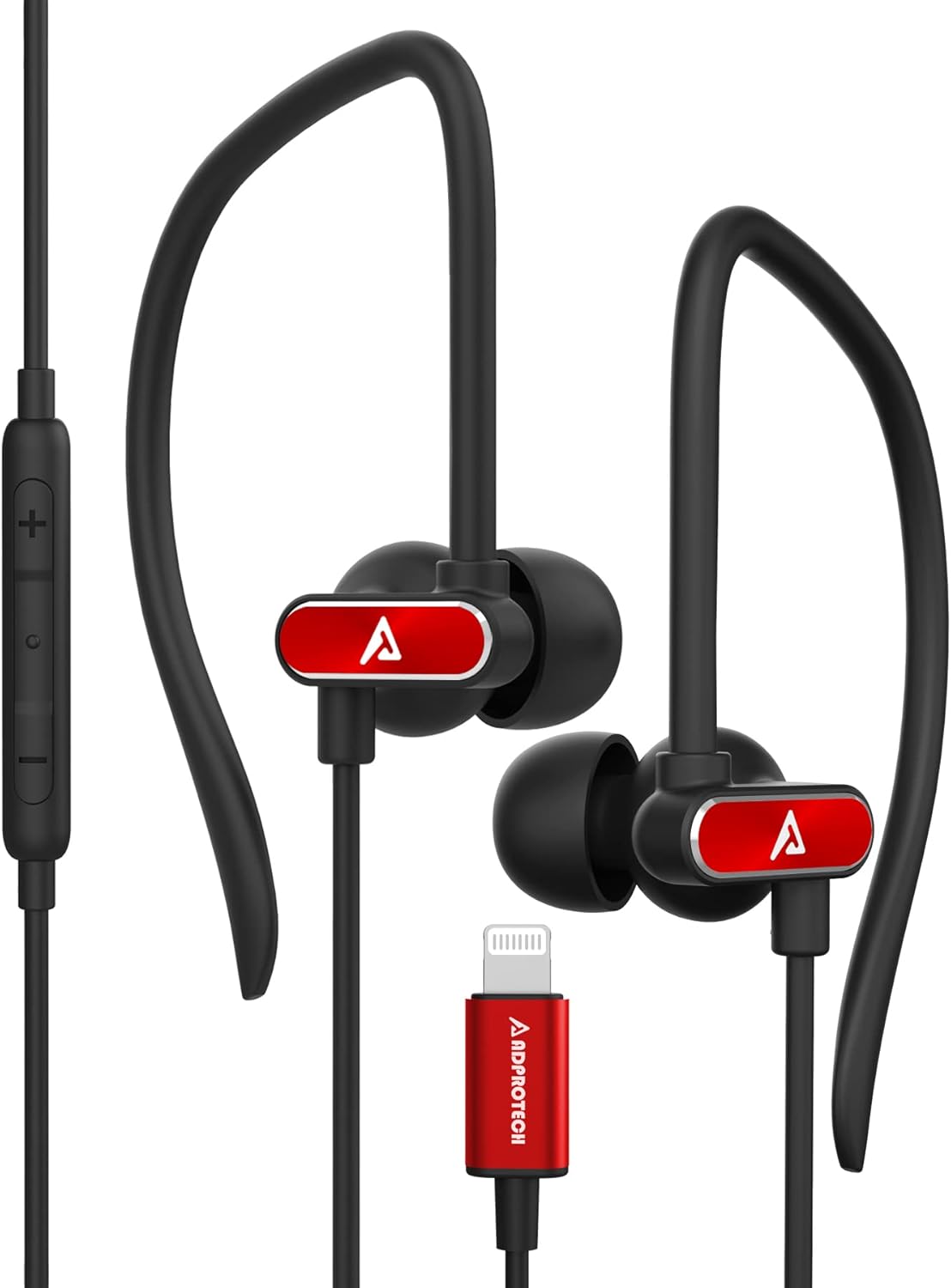 Red MFi Certified Lightning Earbuds w/ Ear-Hook & Mic