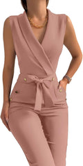 Women's V Neck Sleeveless Belted Jumpsuit - Slim Fit Business Suit