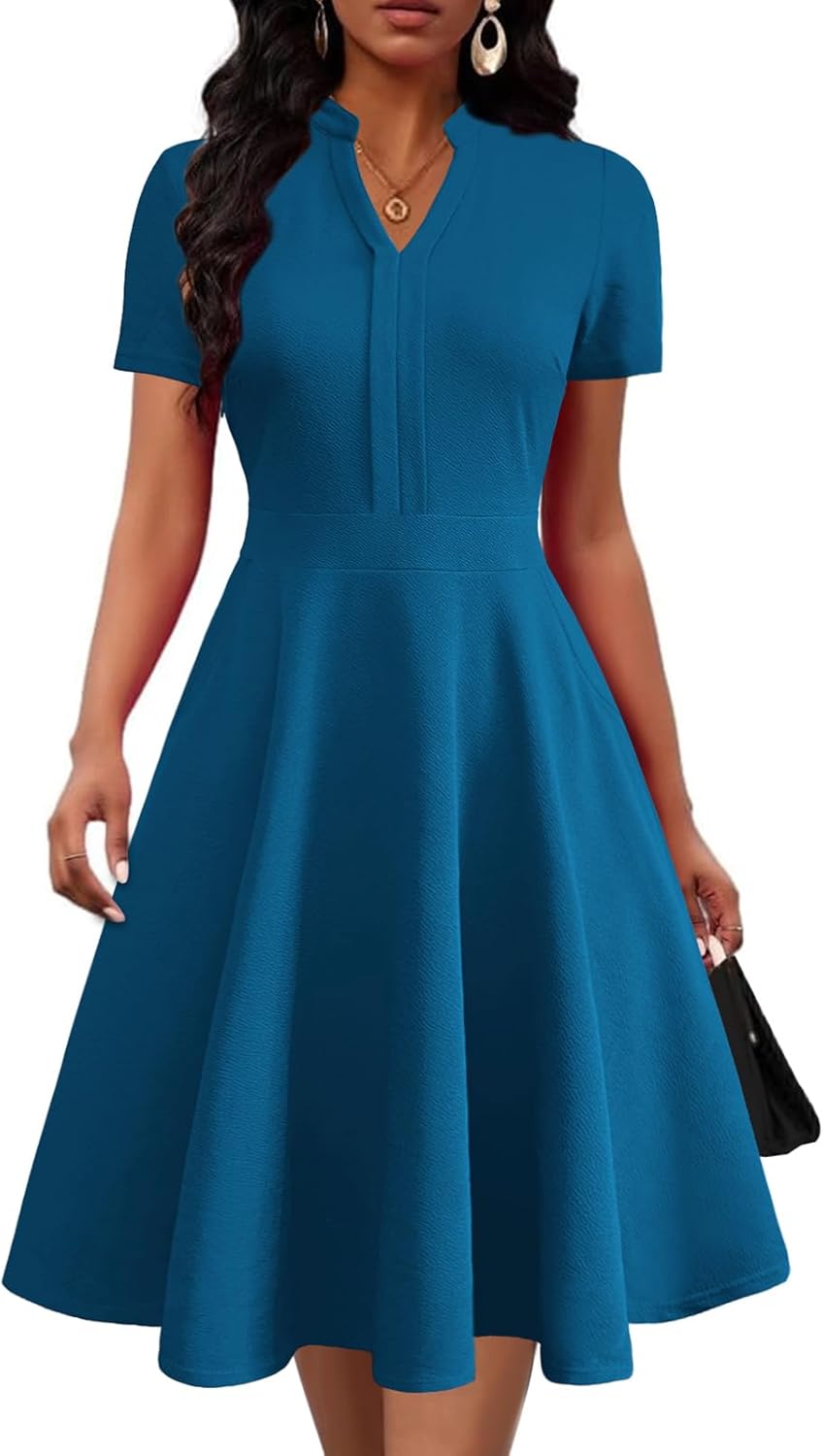 Mokayee Womens Summer Short Sleeve V Neck Fit and Flare Dress