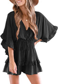 Valphsio Womens V Neck Beach Romper Ruffle Layered (Style 48QH)