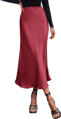 Womens Satin A-Line Midi Skirt High Waist - Elegant Flowy Silk