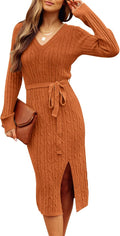 MEROKEETY Women's 2025 Long Sleeve Cable Knit Bodycon Midi Dress