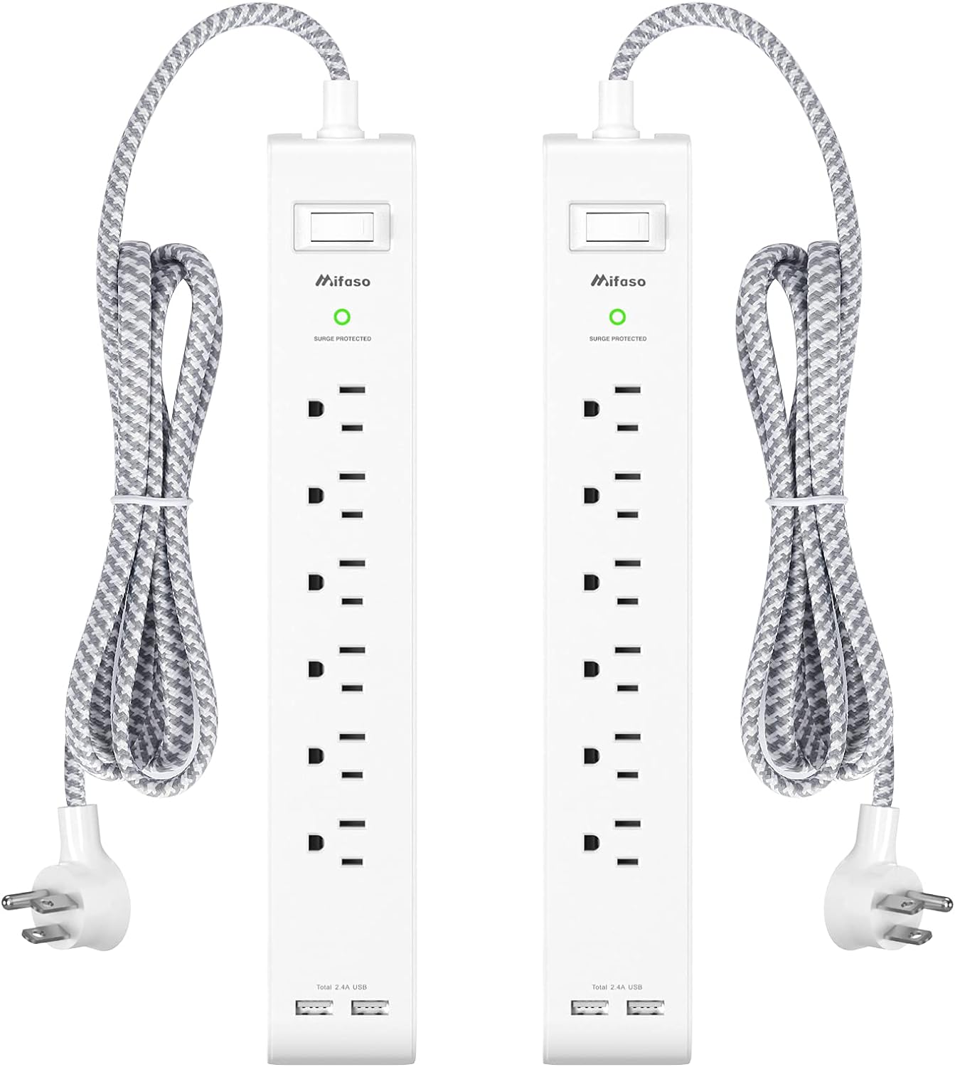 Mifaso 2 Pack Power Strip: 12FT Surge Protector with 6 Outlets & 2 USB Ports