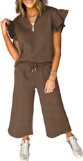 2 Piece Sets Outfits for Women V Neck Collared Ruffle Polo - Casual