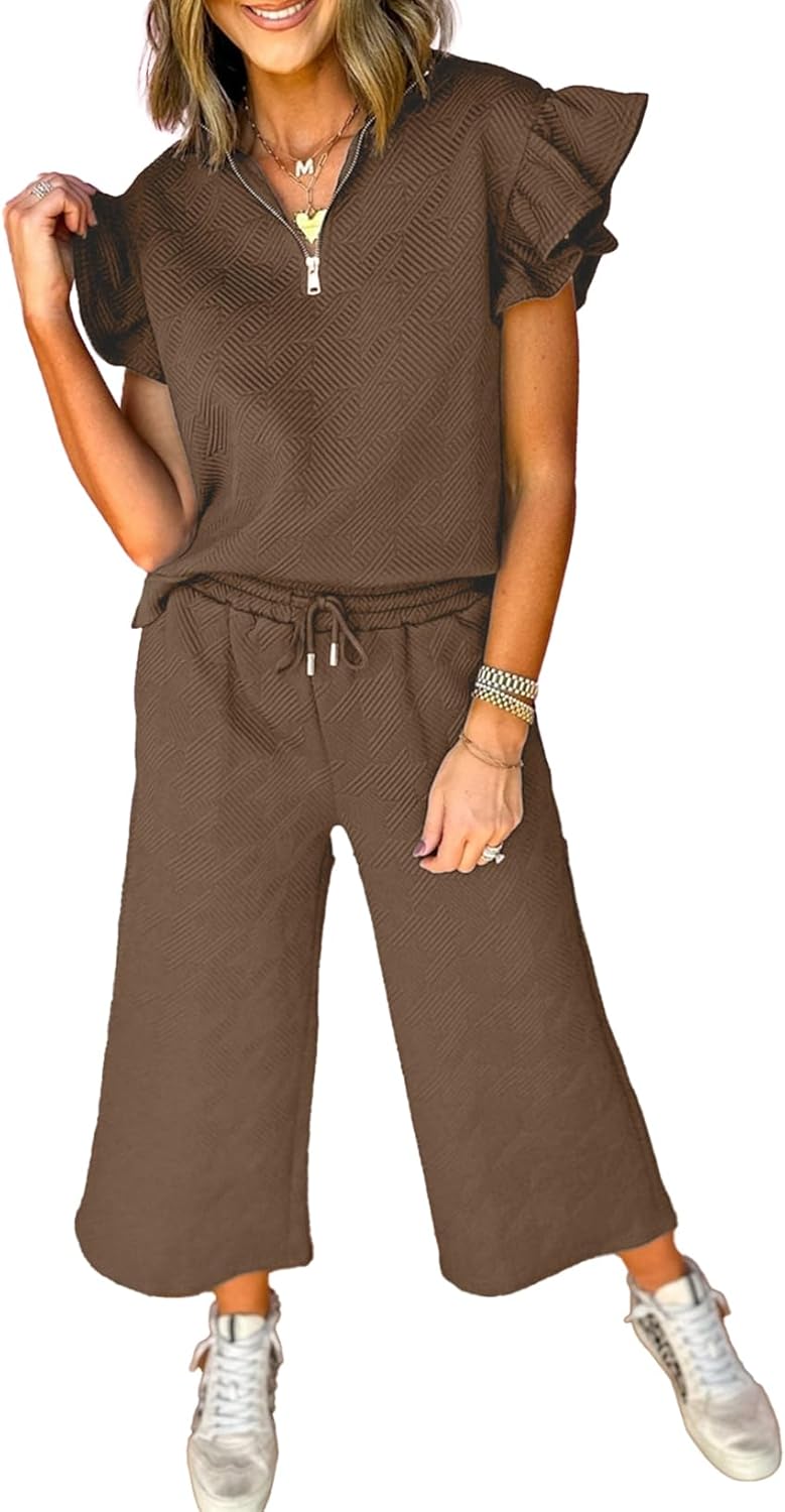 SHEWIN 2 Piece Sets Outfits for Women with Ruffle Polo Tops