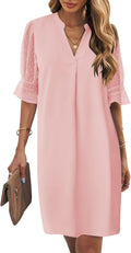 Shift Dress for Women V Neck Short Sleeves - Flowy Polyester Summer