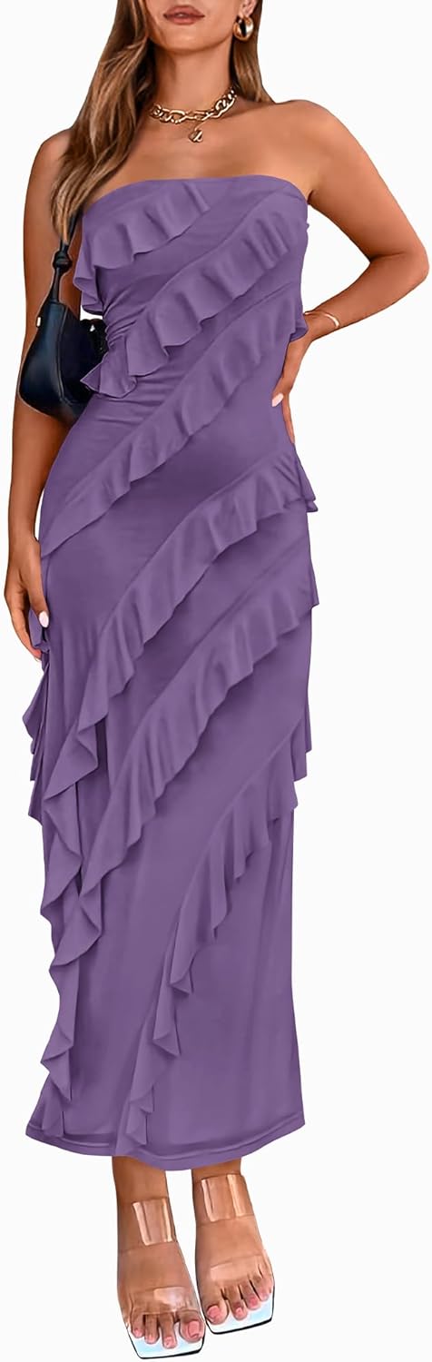 Elegant Strapless Midi Ruched Bodycon Dress for Women