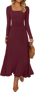 Women's Sweater Dress Midi Knit Pleated Square Neck - Comfortable Fit