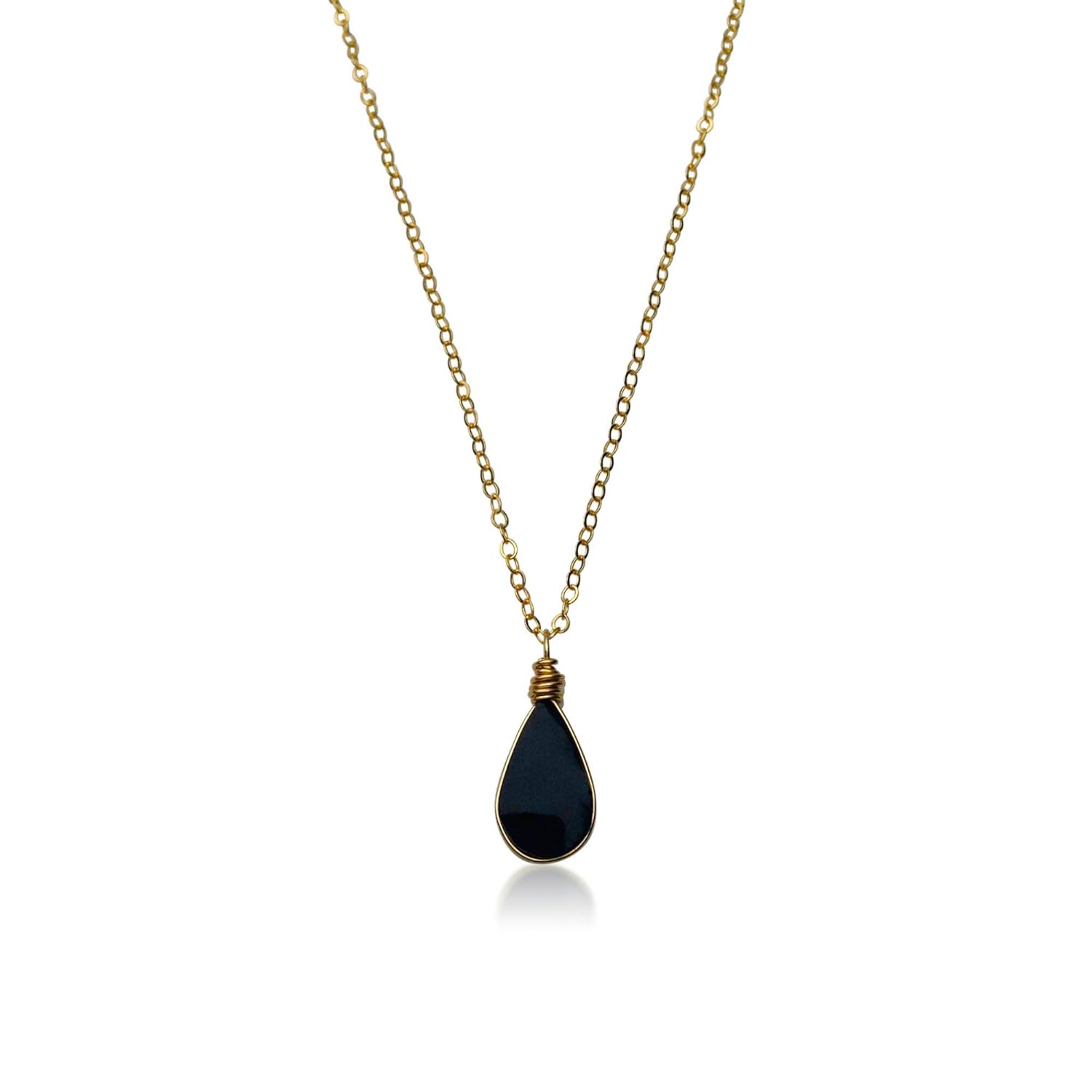 Black Obsidian Stone Pendant Necklace - Dainty Gold Filled Chain