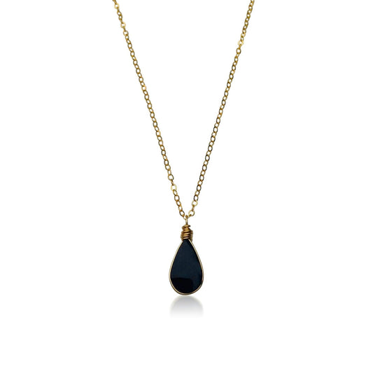 Black Obsidian Stone Pendant Necklace - Dainty Gold Filled Chain