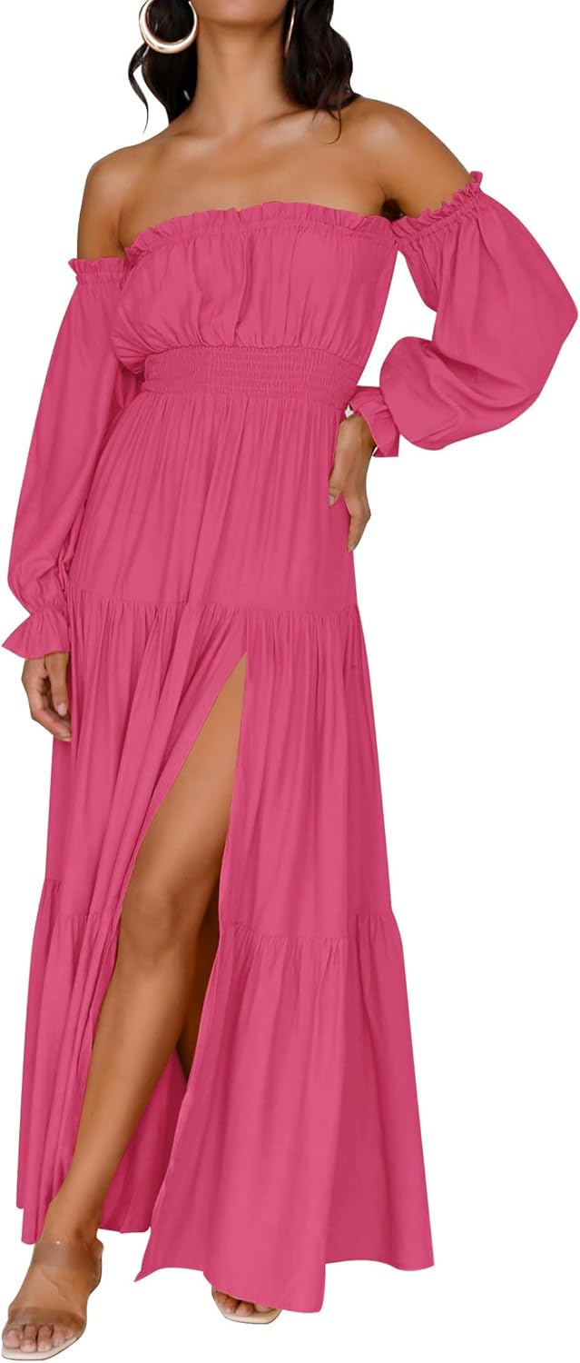 ZESICA Women's Boho Off Shoulder Long Sleeve Maxi Dress