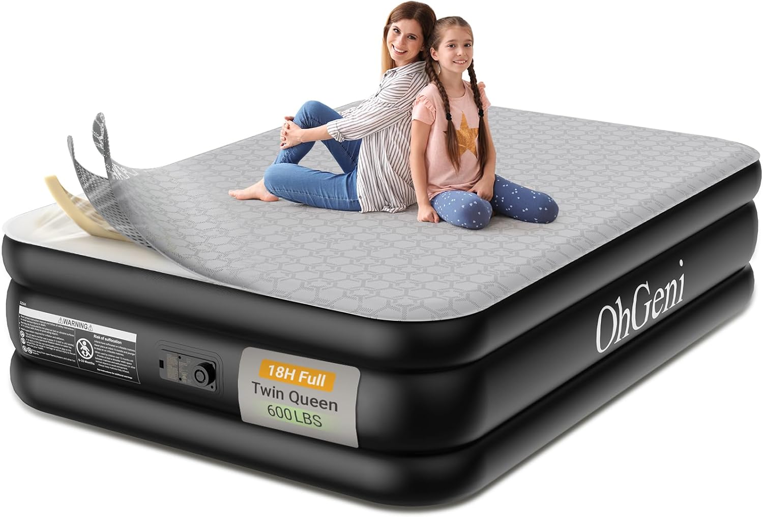 OhGeni 18in Luxury Full Air Mattress with Built-in Pump for Comfort