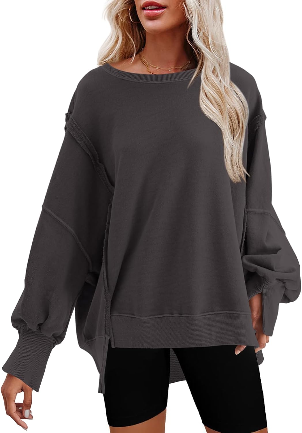 Nirovien Womens Oversized Crewneck Sweatshirt with Side Slit