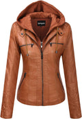 Springrain Womens Faux Leather Moto Biker Jacket with Detachable Hood