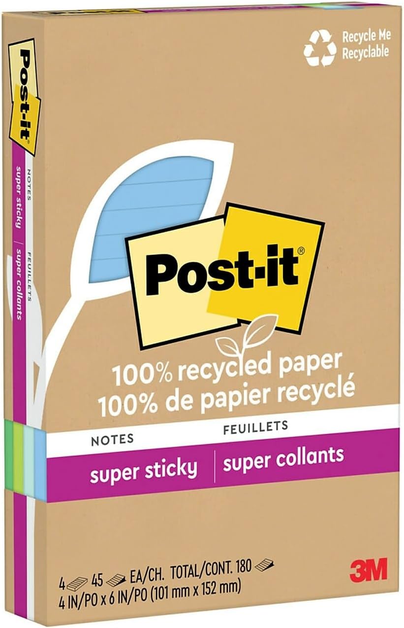 Eco-Friendly Lined Sticky Notes, 4x6 in., 4 Pads
