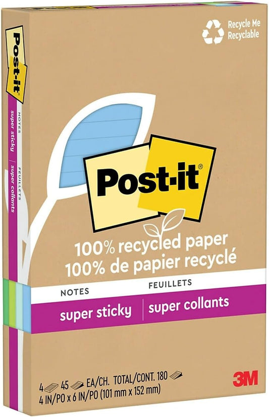 Eco-Friendly Lined Sticky Notes, 4x6 in., 4 Pads