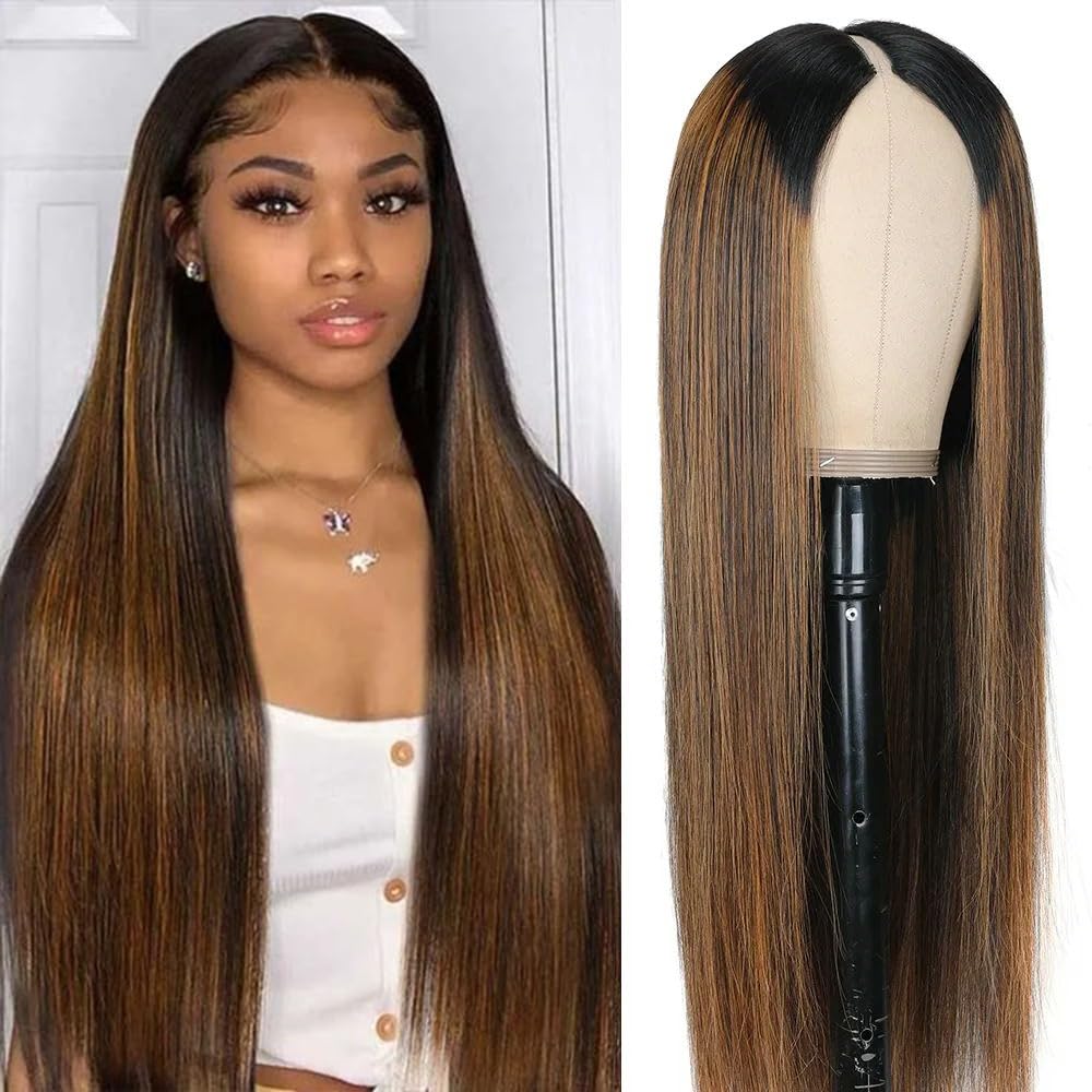 Highlight Ombre V Part Wigs Human Hair Straight Brazilian Virgin