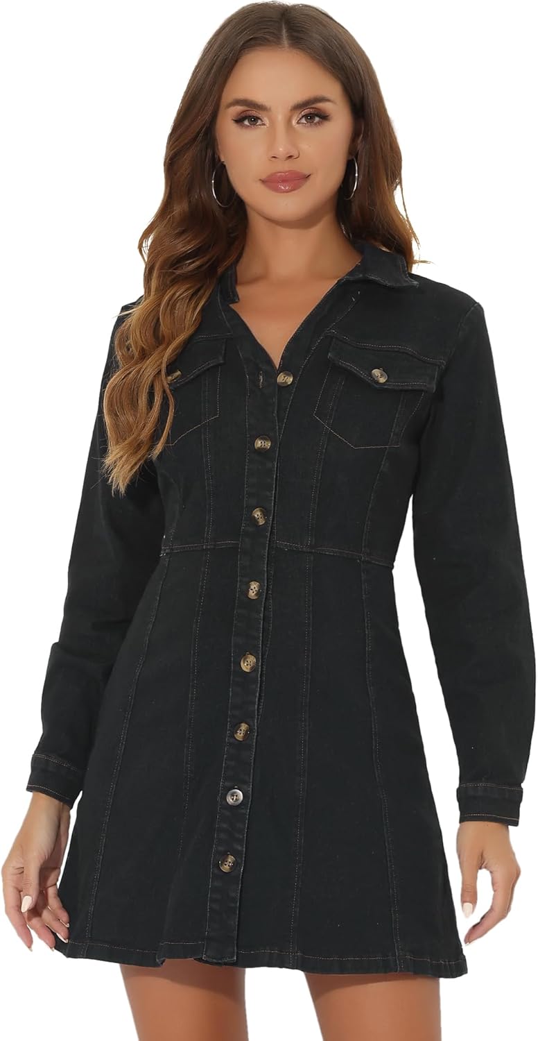 Allegra K Women's Denim Dress with Button Down Collar and V Neck
