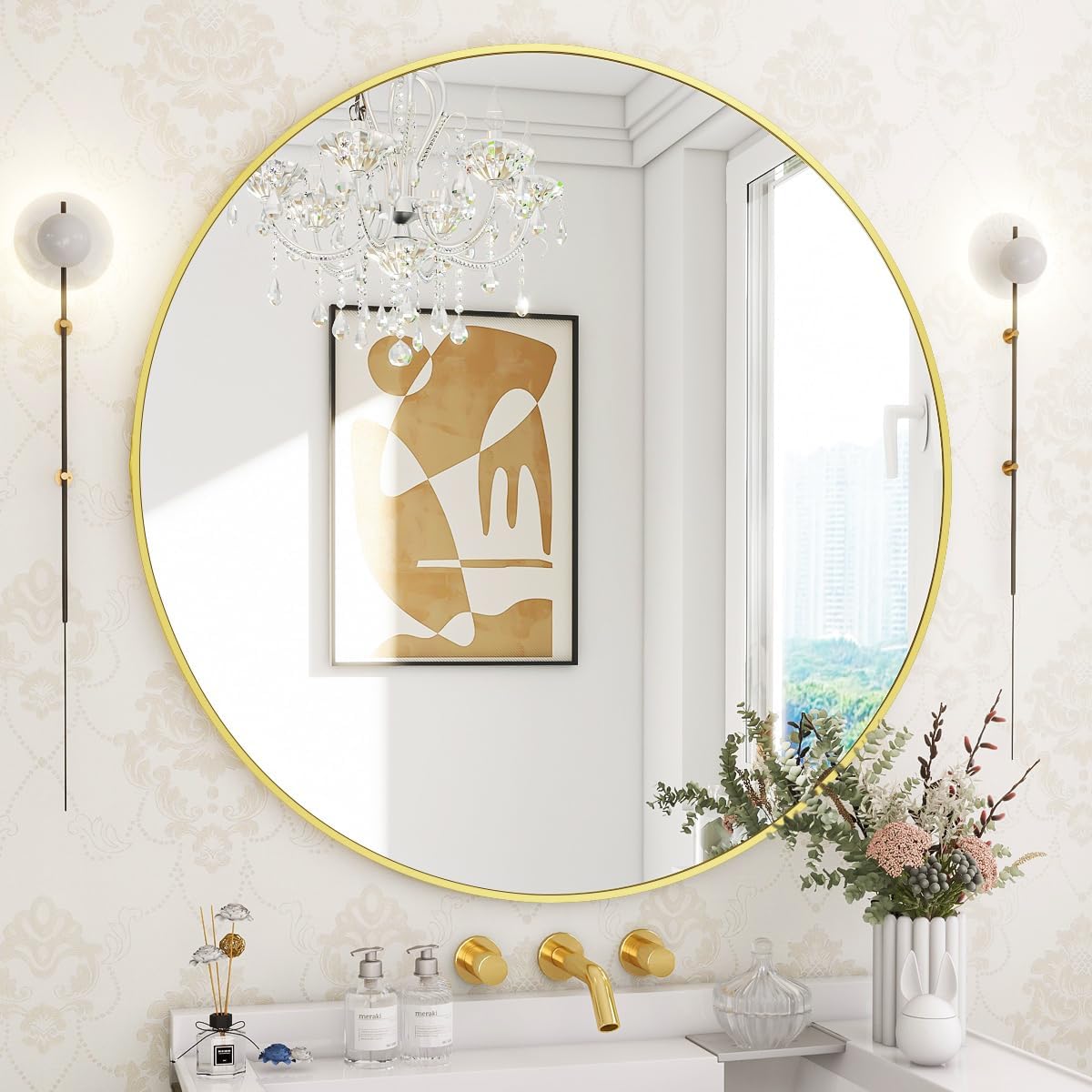 BEAUTYPEAK 30 Inch Round Mirror with Gold Metal Frame Design