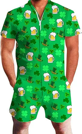 uideazone Men Romper 3D Printed Zipper Jumpsuit for Casual Wear