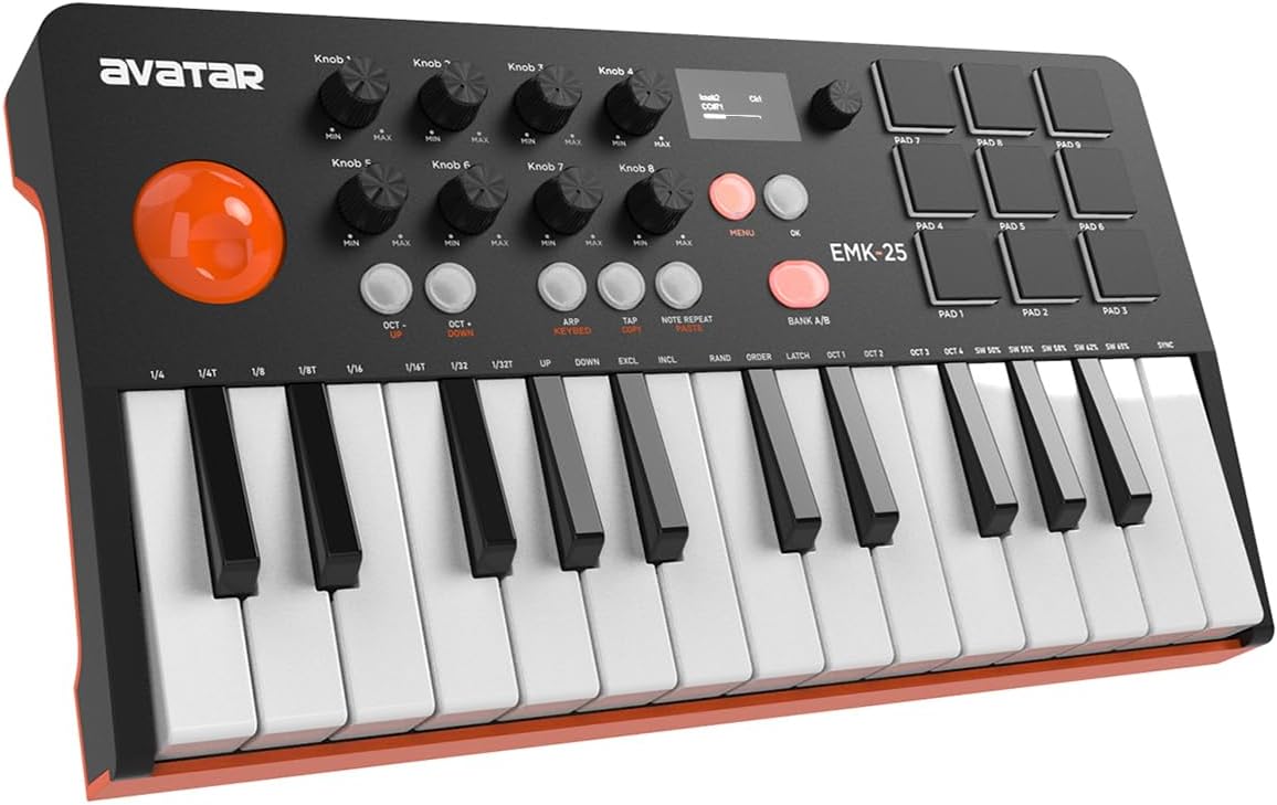 HXW Portable MIDI Keyboard: 25 Key, Backlit Pads, OLED, Knobs