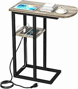 C Shaped End Table with Charging Station for Living Room Use