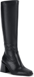 Coutgo Knee High Women's Wide Calf Square Toe Chunky Heels - Pull-on