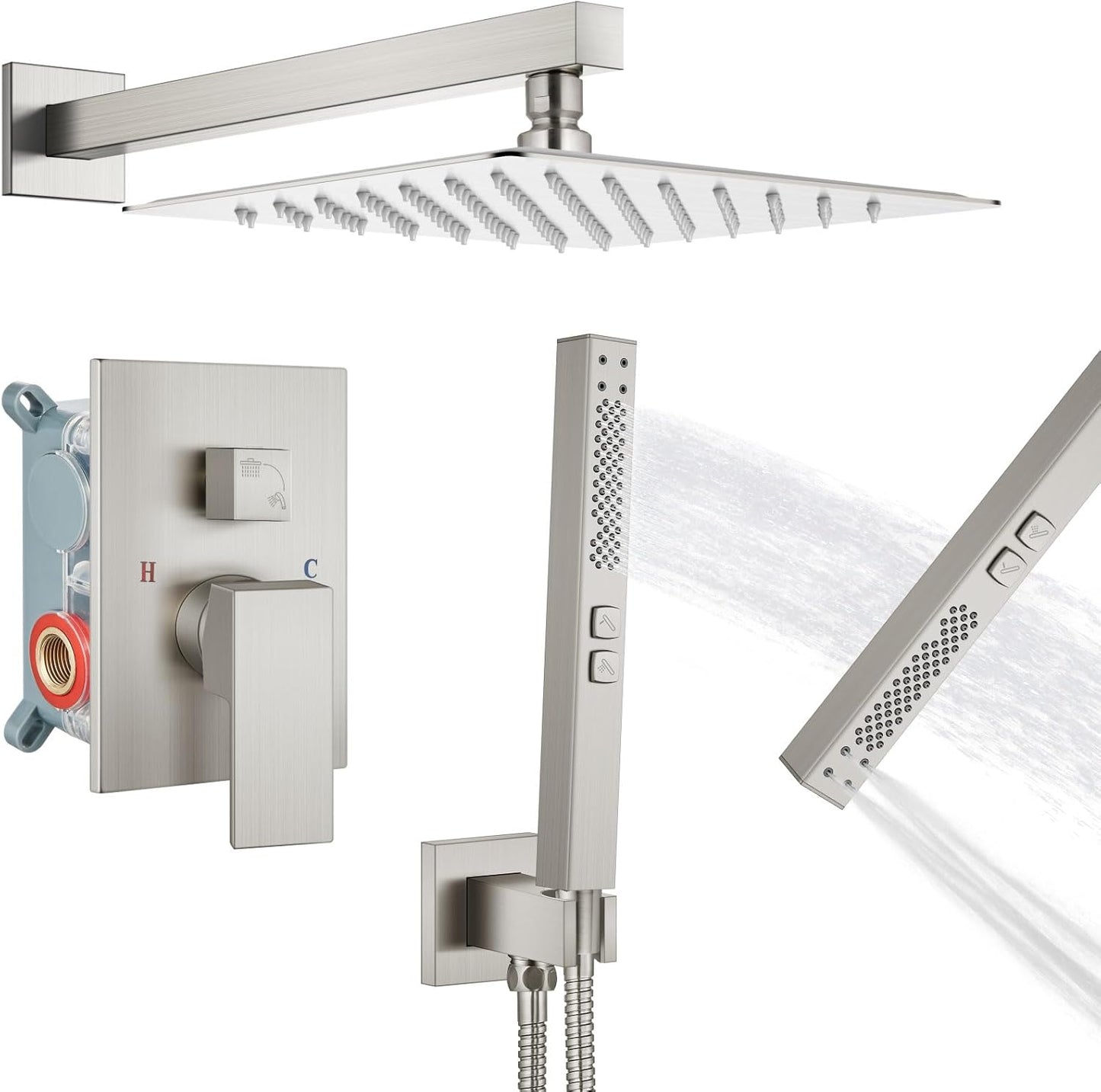 Rainfall Shower System with Square Showerhead and Handheld Sprayer