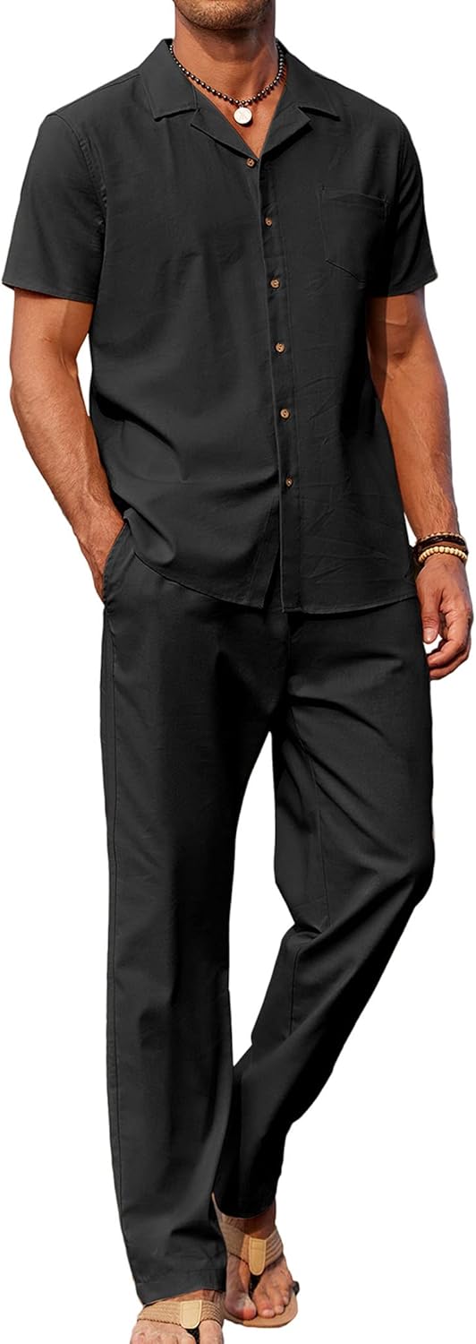 COOFANDY Men 2 Piece Linen Outfit for Beach and Casual Wear
