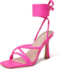 Pink Lace Up Heels for Women - Strappy Square Open Toe Stilettos
