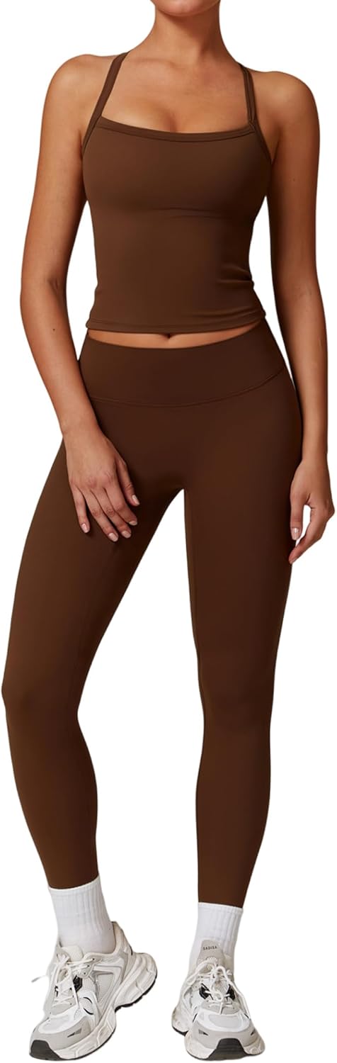Womens Workout Sets Two Piece Cross Back Tank Top Leggings