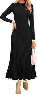 Women's Ribbed Knit Pleated A-Line Sweater Dress - Maxi Fit