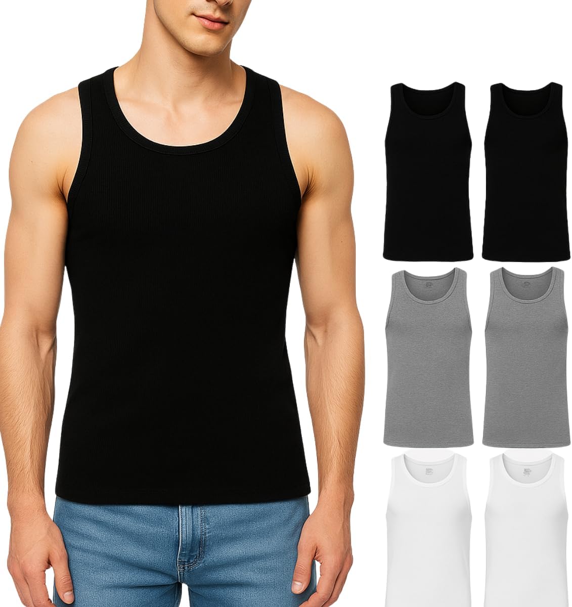 Mens Tank Tops 6 Pack - 100% Cotton Sleeveless Undershirts