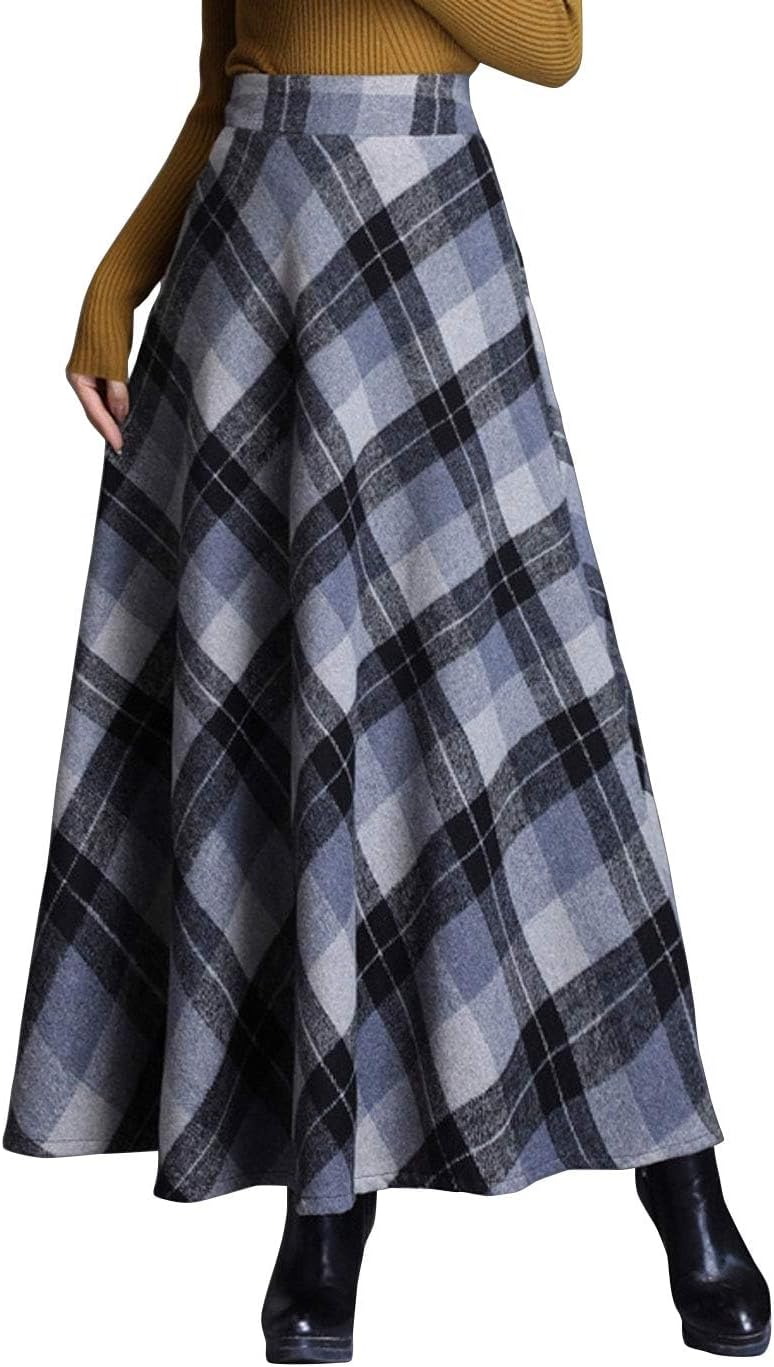 ebossy Women's Vintage High Waist Wool Blend Plaid Maxi Skirt