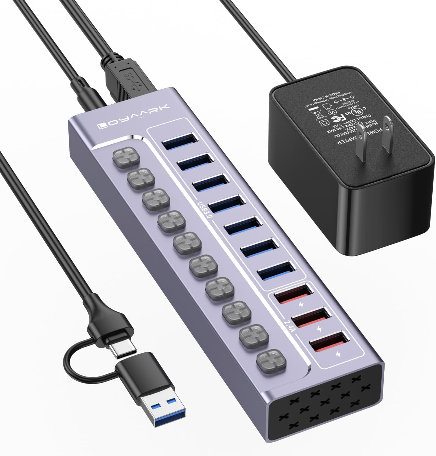 10-Port Powered USB Hub with Individual Switches and Smart Charging