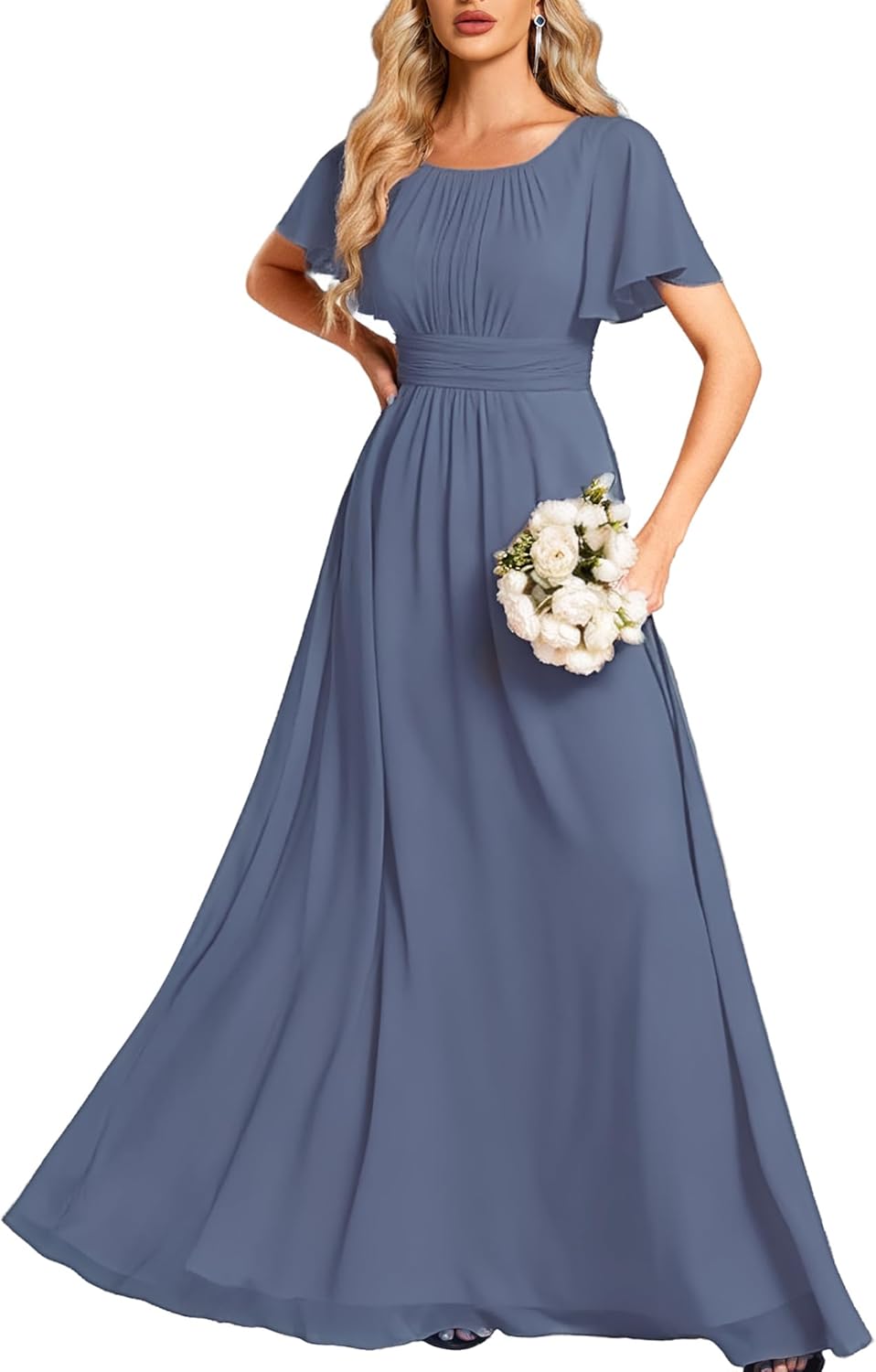 Elegant Round Neck Short Sleeves Chiffon Empire Waist Dress