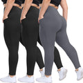 Plus Size Leggings with Pockets - 3 Pack High Waisted Tummy Control no