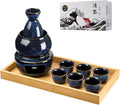 Japanese Sake Set with Warmer 10 pcs - Elegant Kiln Glaze Dark Blue