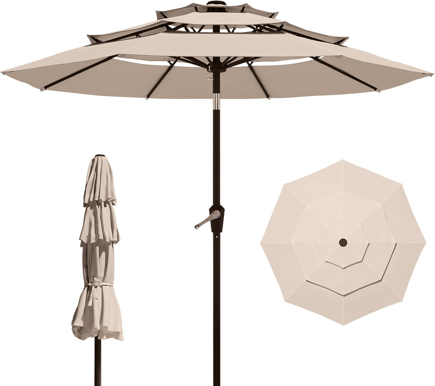 9FT 3 Tiers Patio Umbrella with Auto Tilt for Outdoor Use