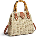 Woven Straw Handbag with Bamboo Handle and Crossbody Strap - Natural