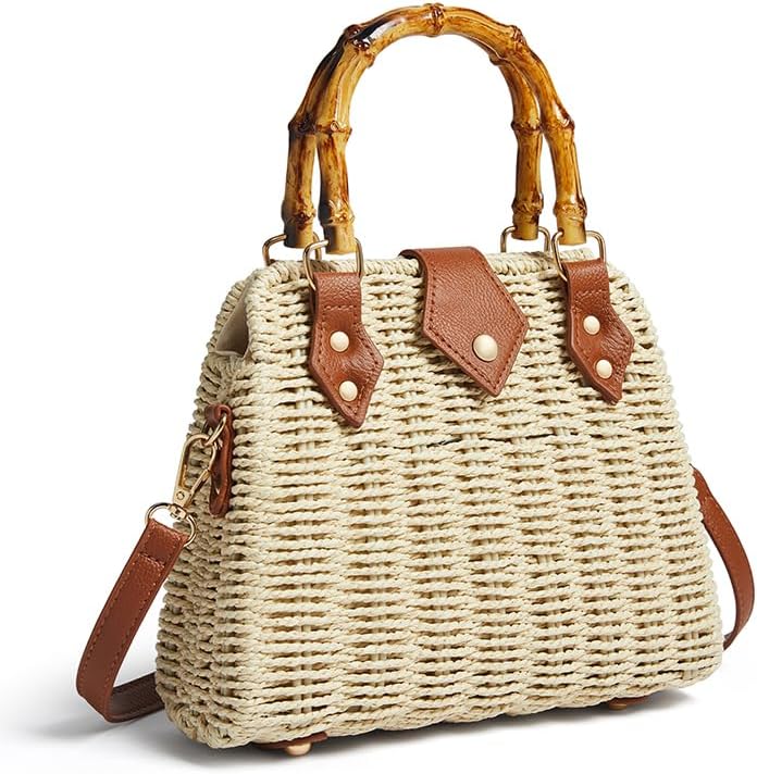 Woven Straw Handbag with Bamboo Handle and Leather Trim