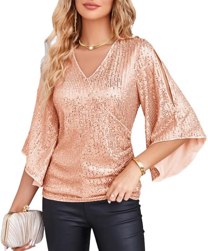 Sparkly Sequin Tops for Women - Dressy V-Neck Blouse