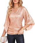 Sequin Sparkly Tops 3/4 Sleeve V-Neck - Dressy Party Blouse