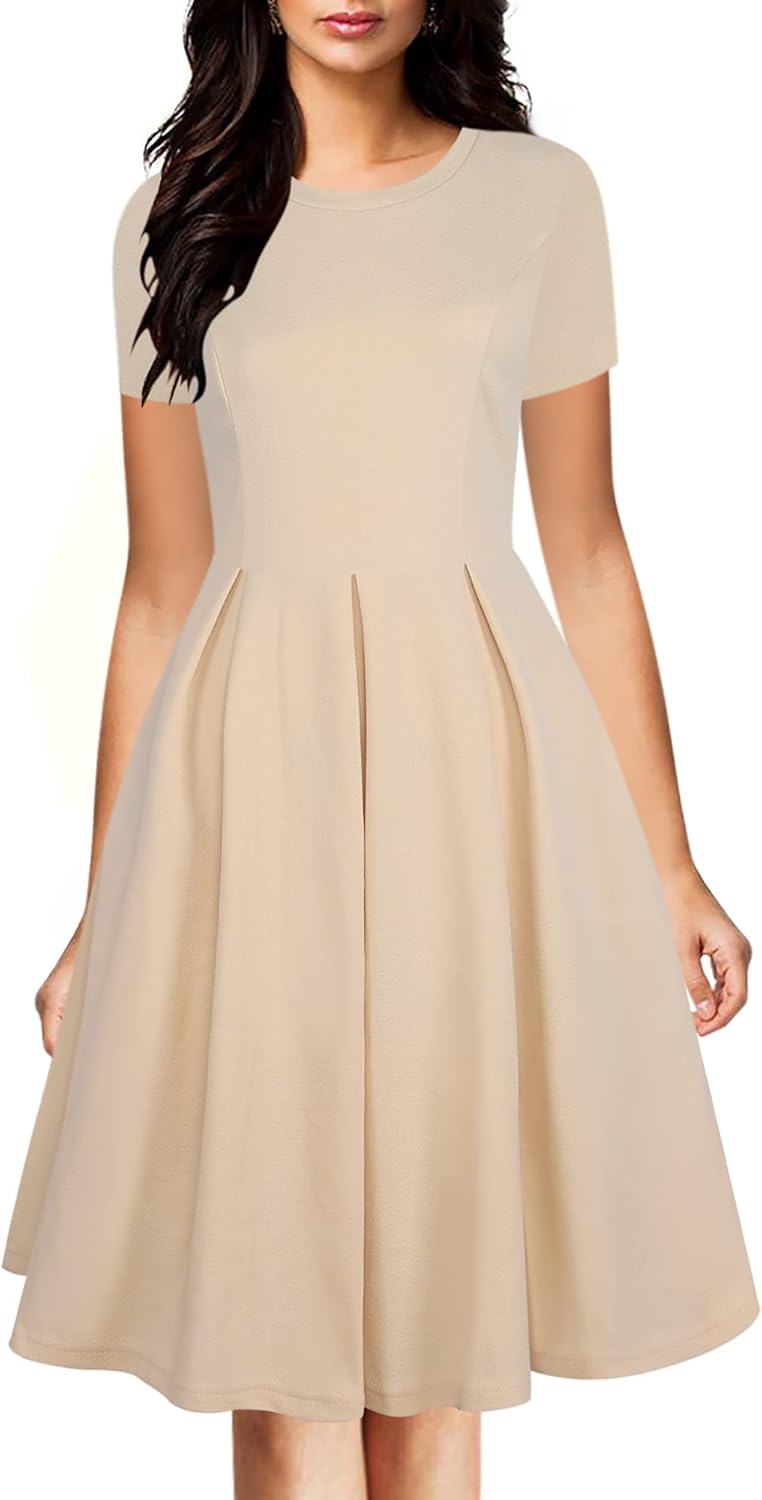 Vintage Half Sleeve O-Neck Contrast Casual Swing Dress with Pockets