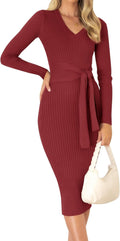 ZESICA Women's Ribbed Knit Sweater Dress - Slim Fit Midi