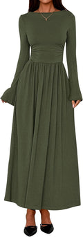 Long Sleeve Maxi Dress - Elegant Ruched Boat Neck for 2025