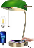 Green Glass Bankers Desk Lamp with Wireless Charger - Classic Desk