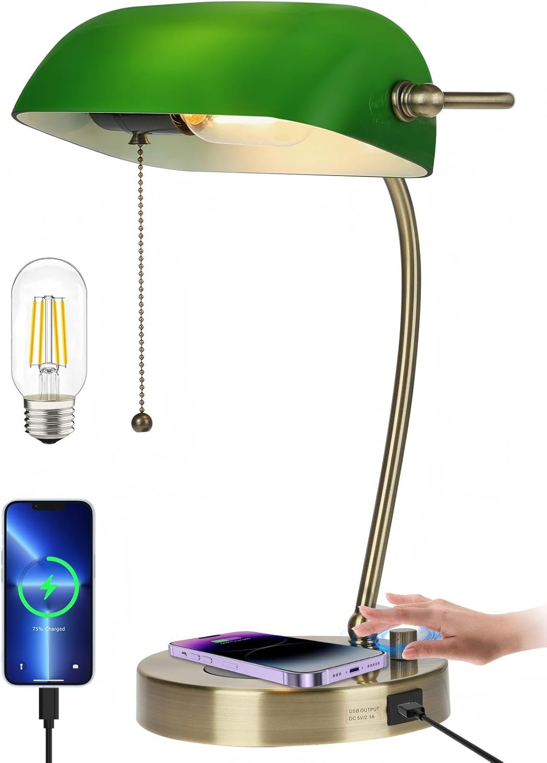 Newrays Green Glass Bankers Desk Lamp with Wireless Charger