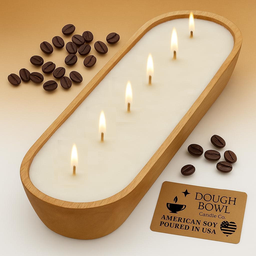 Vanilla Latte Soy Candle in Rustic Wooden Dough Bowl Decor